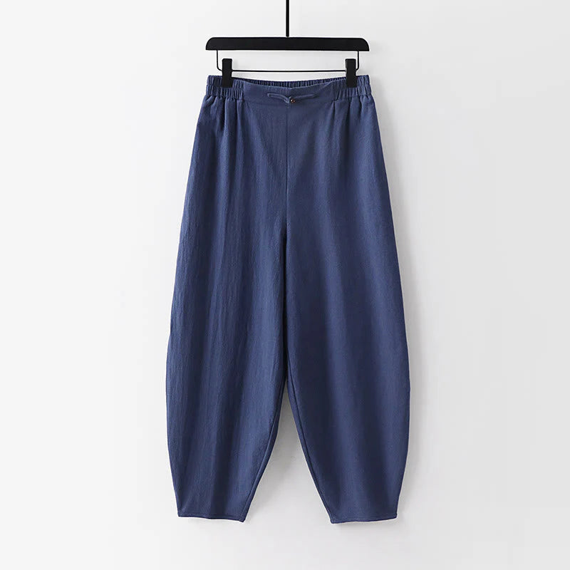 Buddha Stones Summer Plain Straight Leg Men's Cotton Linen Ankle-Length Pants With Pockets