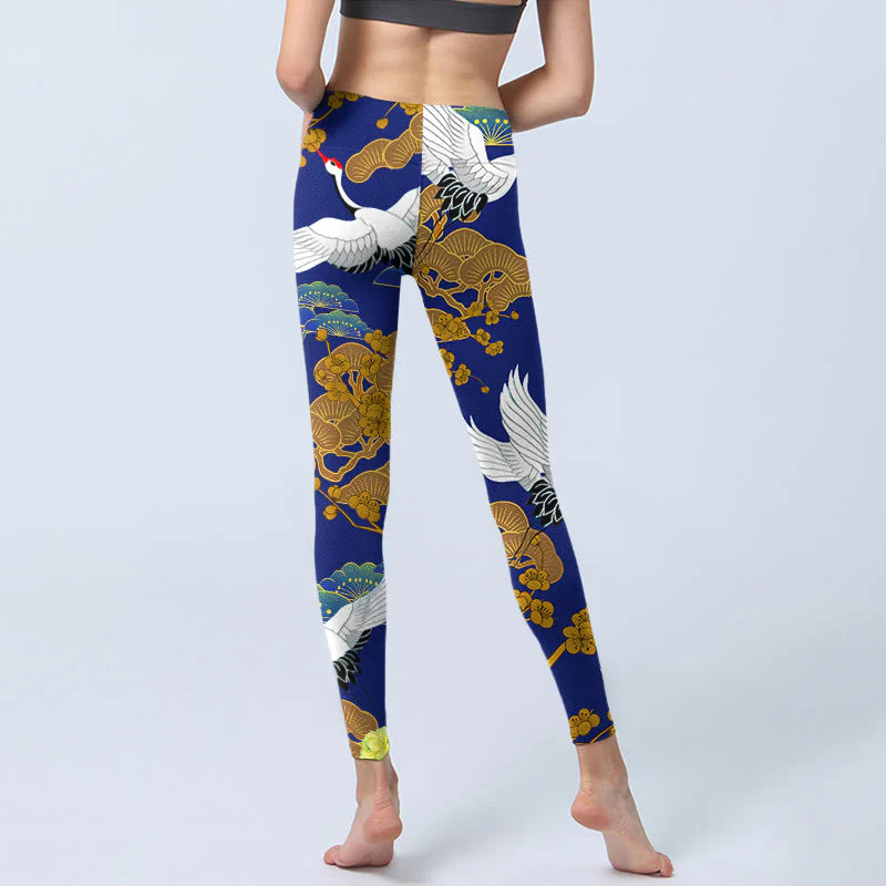 Buddha Stones Flying Red-Crowned Crane Pine Tree Flower Pattern Print Gym Leggings Women's Yoga Pants