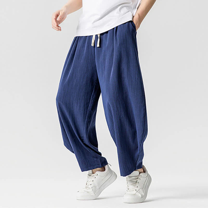 Buddha Stones Summer Pure Color Drawstring Men's Cotton Ankle-Length Pants With Pockets