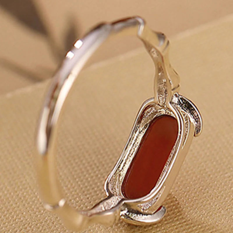Buddha Stones 925 Sterling Silver Red Agate Bamboo Pattern Calm Bracelet Ring Jewelry Set (Extra 30% Off | USE CODE: FS30)