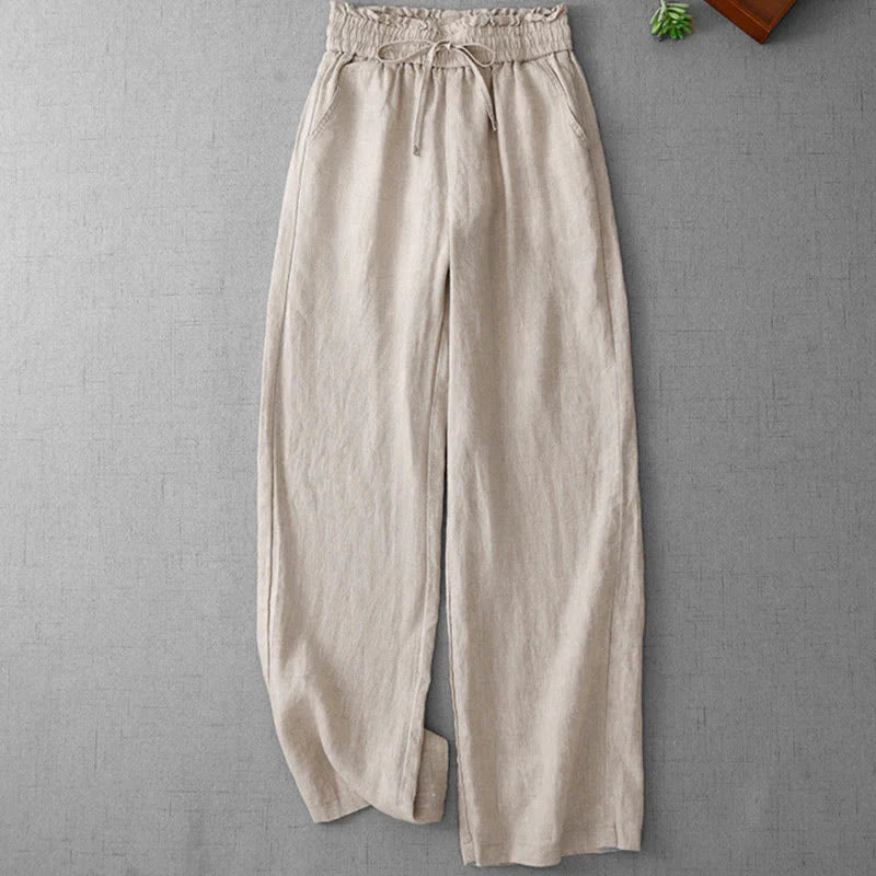 Buddha Stones Casual High Waist Ruffled Drawstring Design Women's Wide Leg Cotton Pants With Pockets