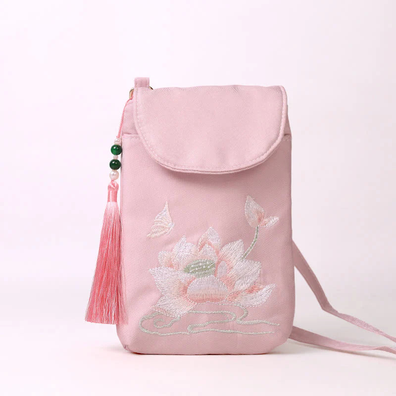 Buddha Stones Small Embroidered Flowers Crossbody Bag Shoulder Bag Double Layer Cellphone Bag