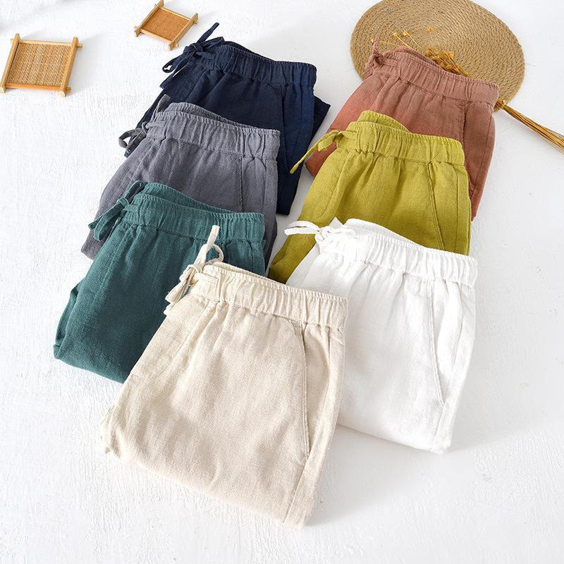 Buddha Stones Summer Solid Color Drawstring Elastic Waist Men's Cotton Linen Shorts With Pockets