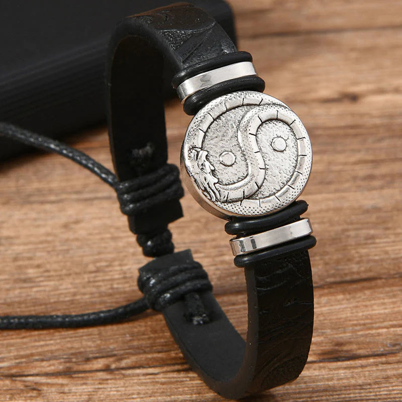 FREE Today: Balance and Strength Round Engraved YIN YANG Dragon Leather Bracelet