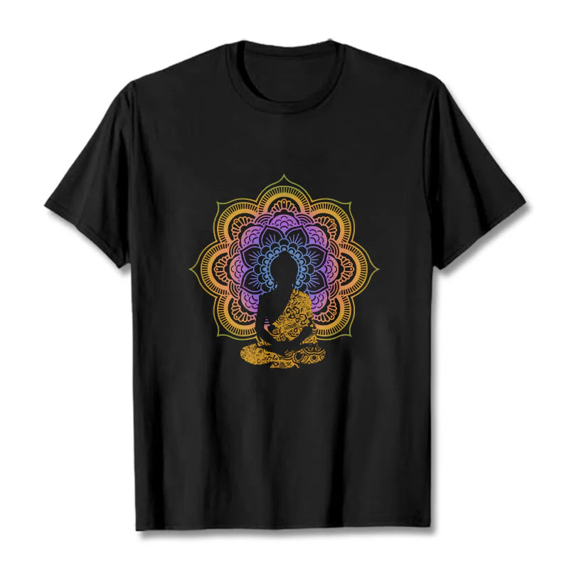 Buddha Stones Multicolor Mandala Flower Seated Buddha Pattern Tee T-shirt