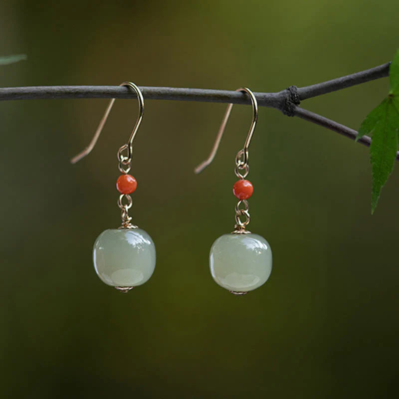 Buddha Stones 925 Sterling Silver Plated 14k Gold Hetian Jade Red Agate Luck Drop Dangle Earrings