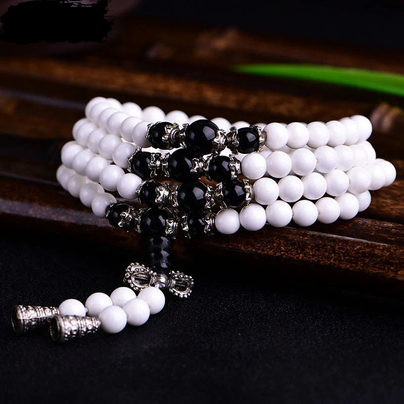 Buddha Stones 108 Mala Beads White Porcelain Six True Words 'Om Mani Padme Hum' Patience Bracelet