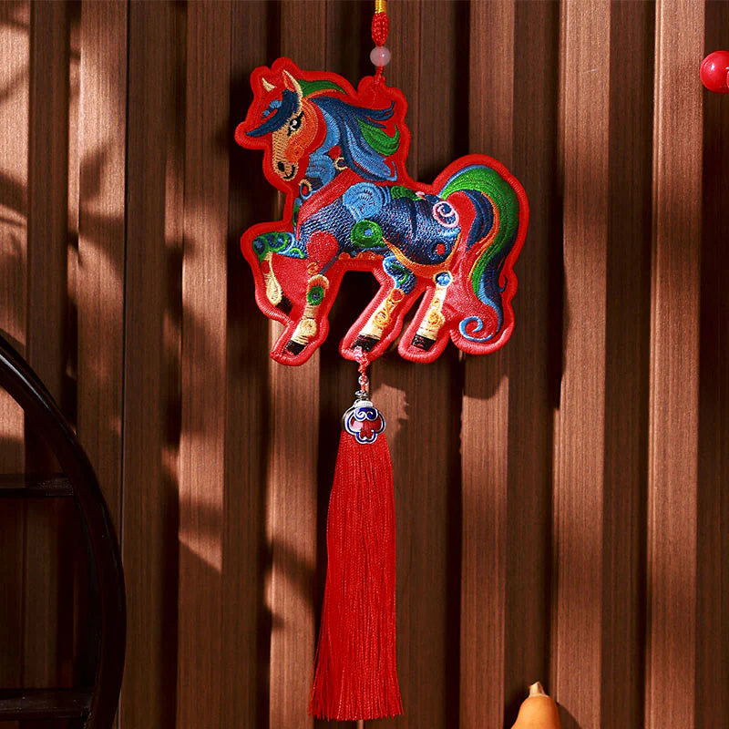 Buddha Stones Year Of The Horse Embroidery Bell Tassel Hanging Decoration