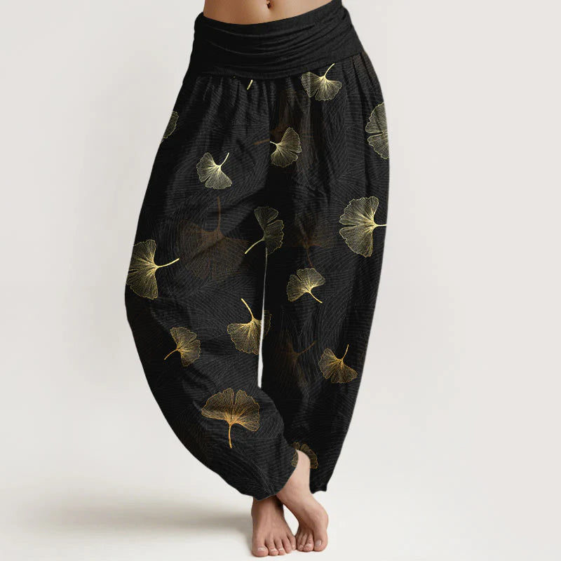 Buddha Stones Cotton Elegant Ginkgo Pattern Women's Elastic Waist Harem Pants