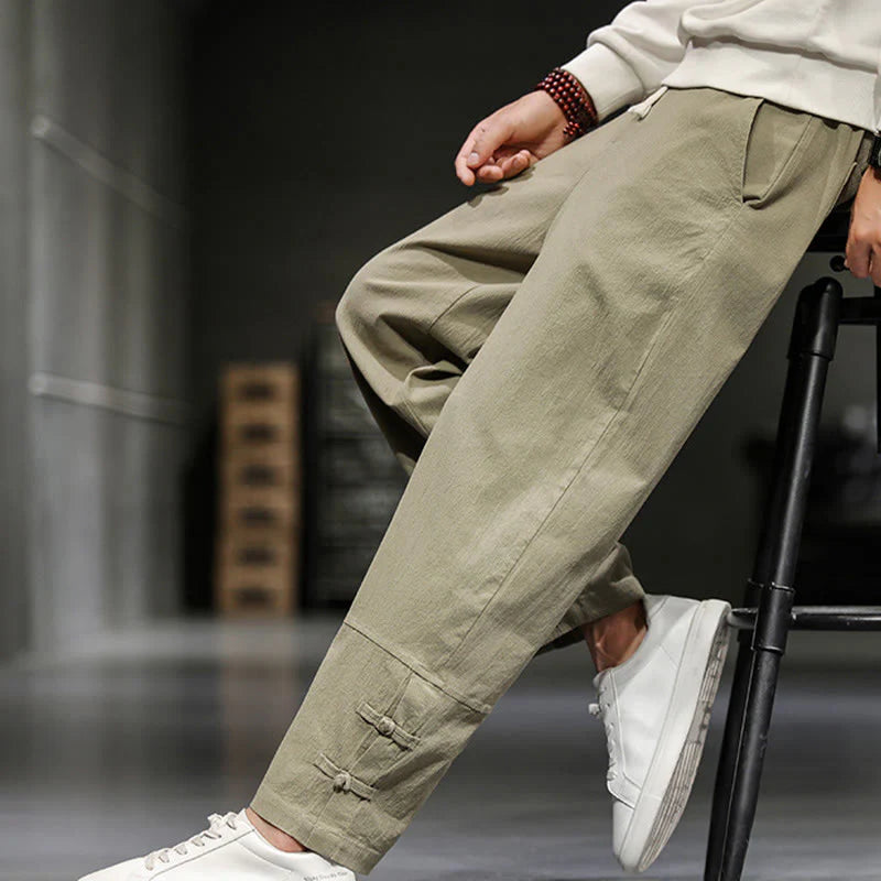 Buddha Stones Drawstring Elastic Waist Frog-Button Ankle-Length Men's Cotton Pants With Pockets
