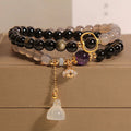 Buddha Stones Gold Sheen Obsidian Gray Agate Lotus Charm Strengthen Double Wrap Bracelet