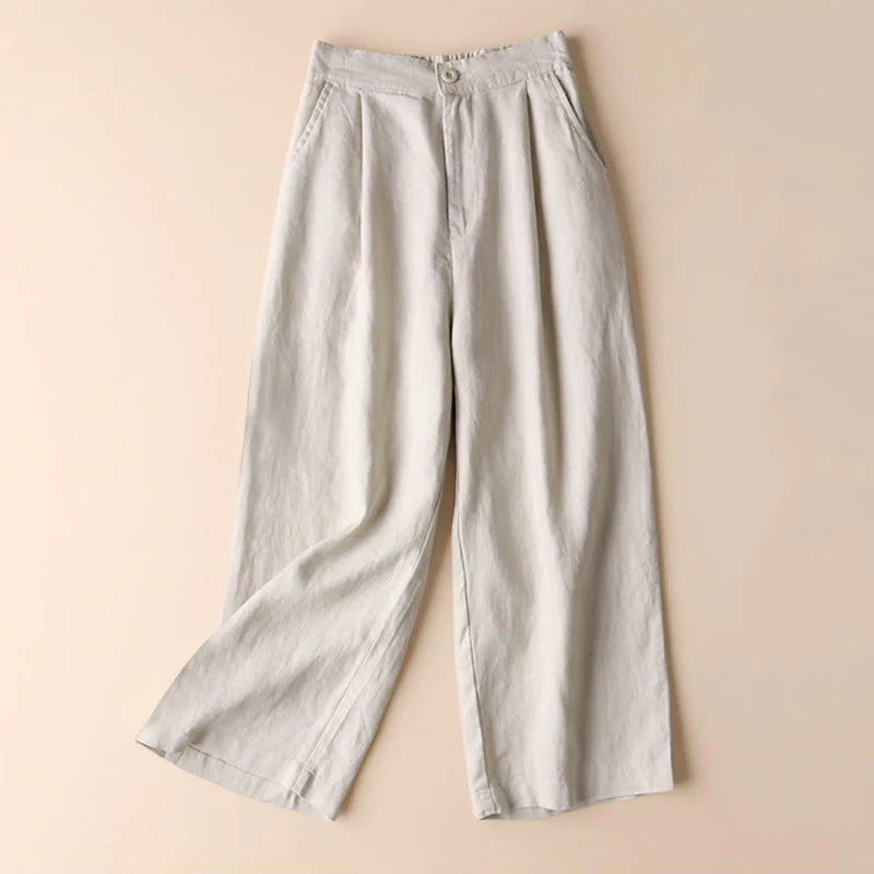Buddha Stones Commute Solid Color 7-8 Length Cotton Linen Women's Wide Leg Pants With Pockets