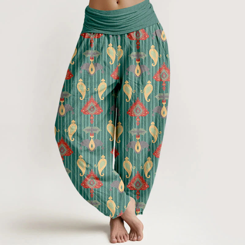 Buddha Stones Pure Cotton Triangle Flame Geometric Shapes Feather Women's Elastic Waist Harem Pants