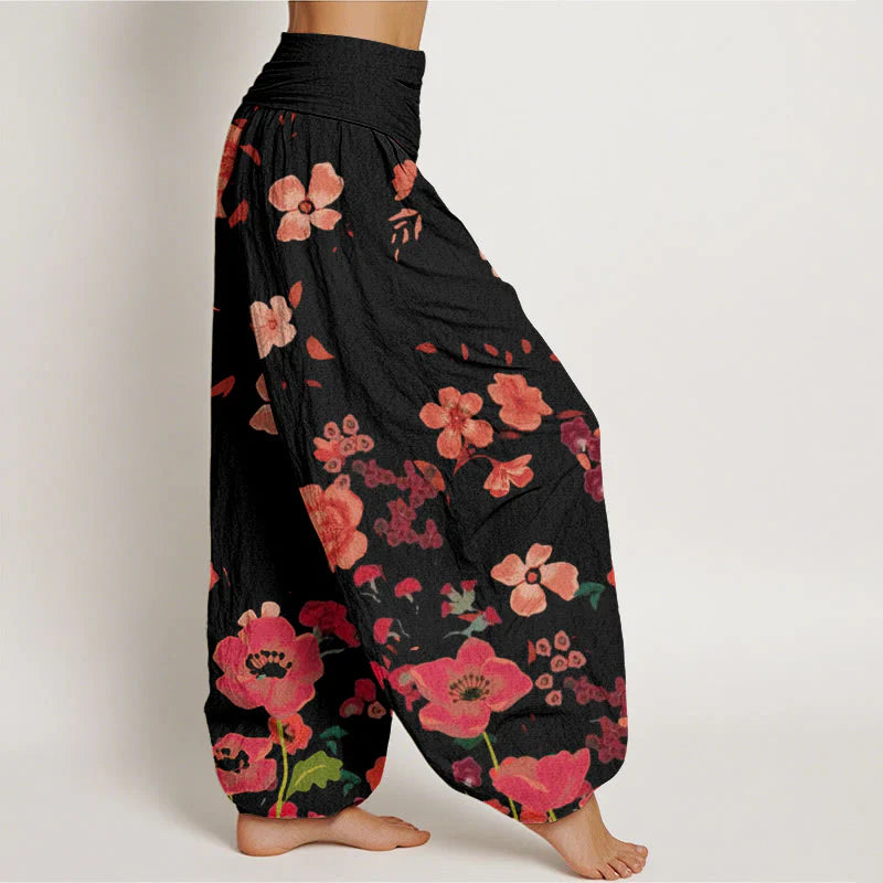 Buddha Stones Cotton Red Flowers Common Poppy Design Women's Elastic Waist Harem Pants