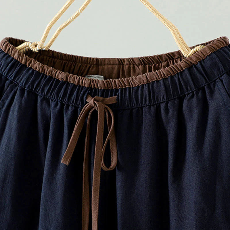 Buddha Stones Winter Contrasting Drawstring Cotton Linen Women's Wide Leg Pants With Pockets