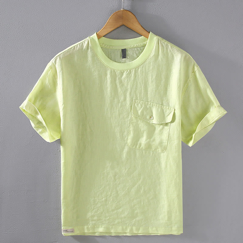 Buddha Stones Crew Neck Simple Design Men's Short Sleeve Linen Shirt With Pocket