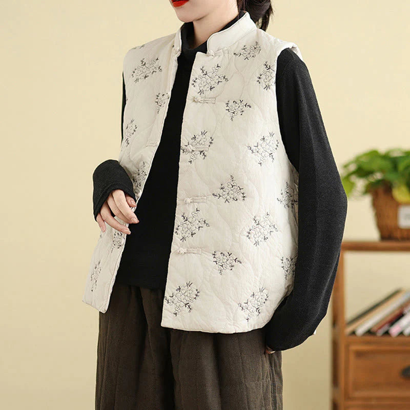 Buddha Stones Embroidered Frog-Button Women's Sleeveless Cotton Vest Waistcoat With Pockets