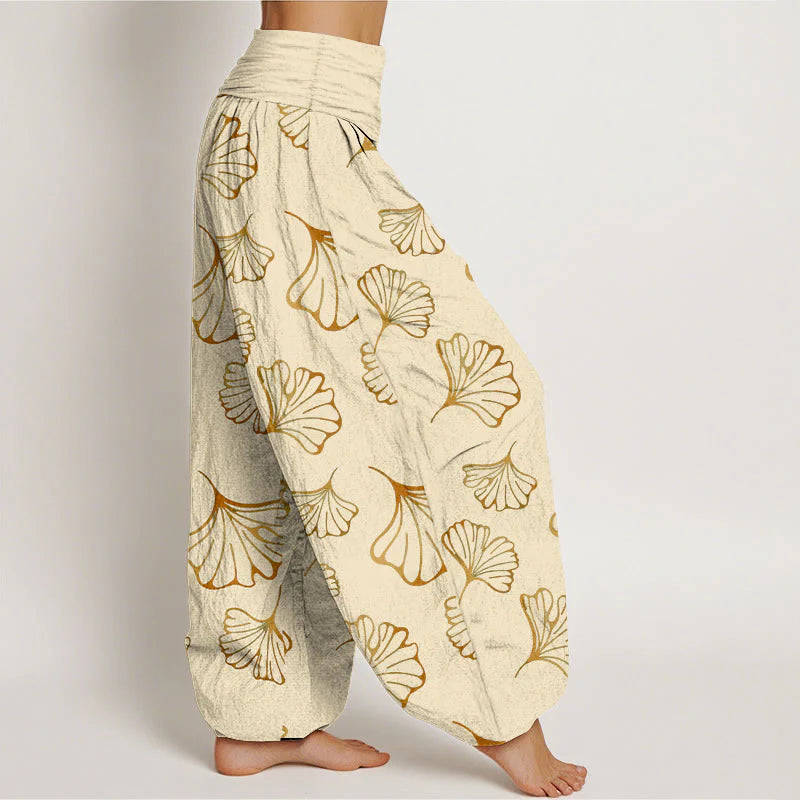 Buddha Stones Pure Cotton Minimalist Style Ginkgo Leaves Pattern Women's Elastic Waist Harem Pants