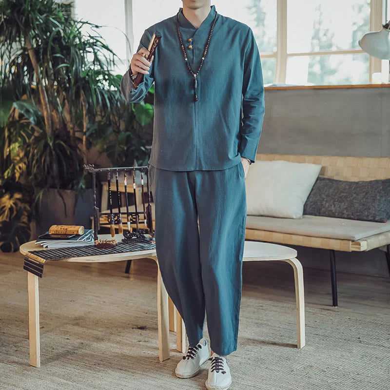 Buddha Stones 2Pcs Shirt Ankle-Length Pants With Pockets Men's Meditation Cloth Set