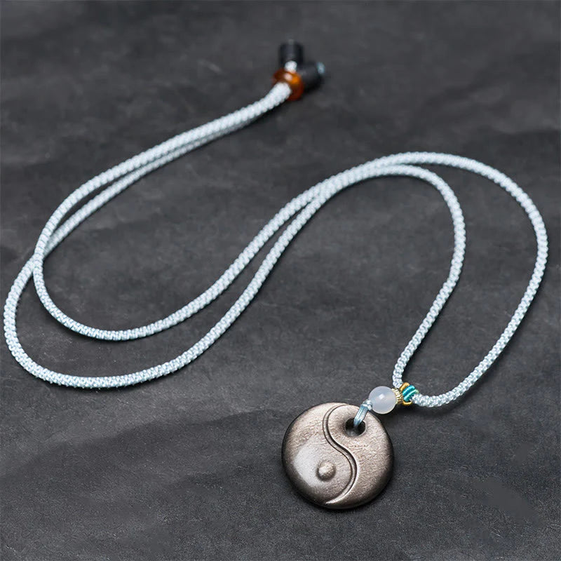 Buddha Stones Silver Sheen Obsidian Yin Yang Symbol Protection Necklace Pendant