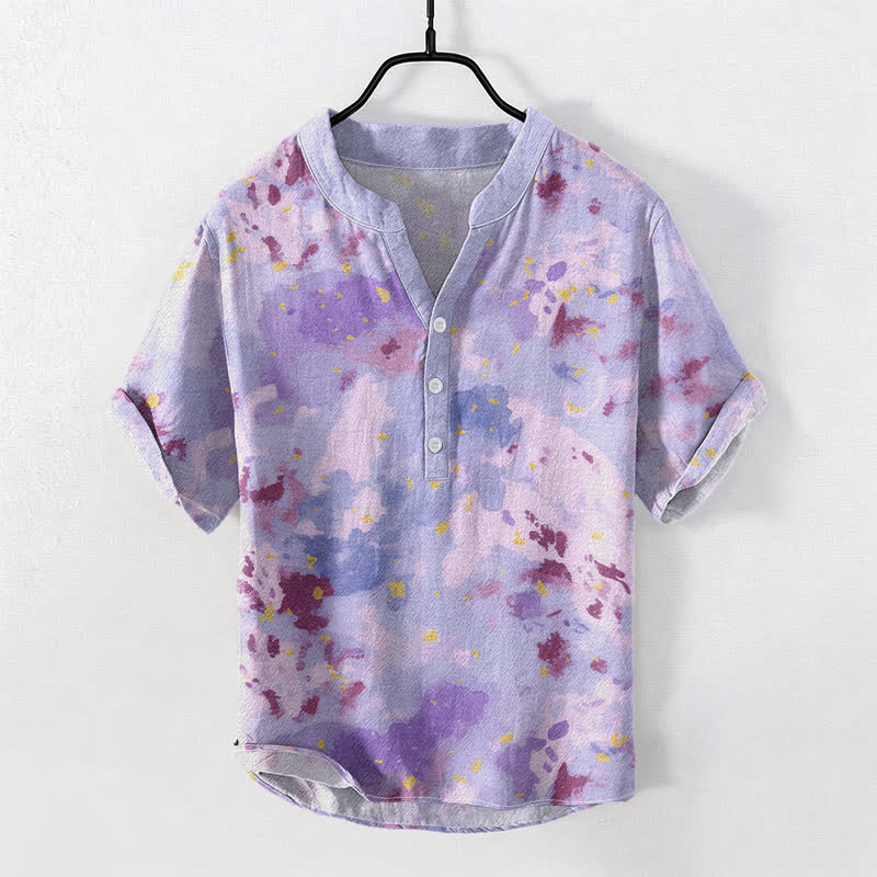 Buddha Stones Cotton Watercolor Splash Men's Short Sleeve Half Button Shirt