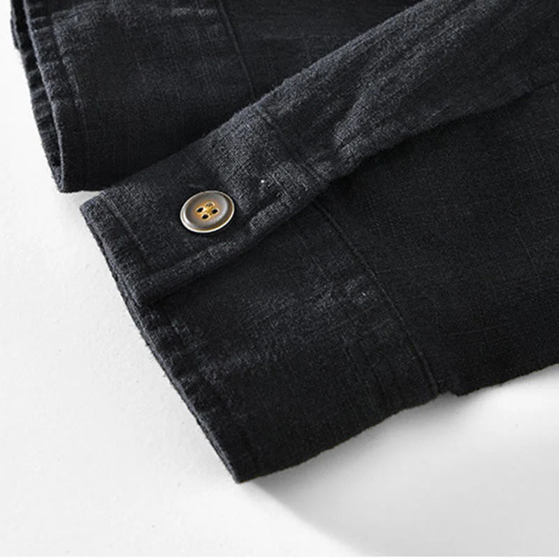 Buddha Stones Commute Plain Simple Buttons Design Men's Long Sleeve Ramie Linen Jacket With Pockets