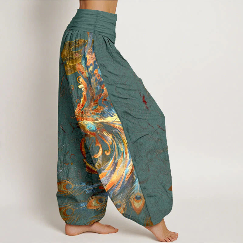 Buddha Stones Pure Cotton Gorgeous Flying Phoenix Cloud Pattern Women's Elastic Waist Harem Pants