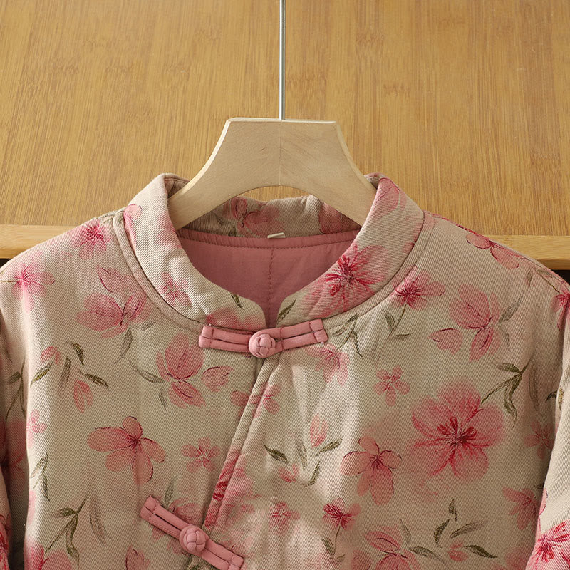 Buddha Stones Frog-button Flower Pattern Crew Neck Thickened Long Sleeve Women's Coat