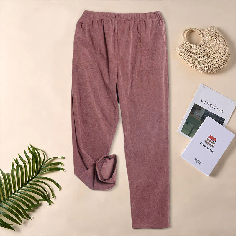 Buddha Stones Women's Commute Pure Color Corduroy Pants With Pockets