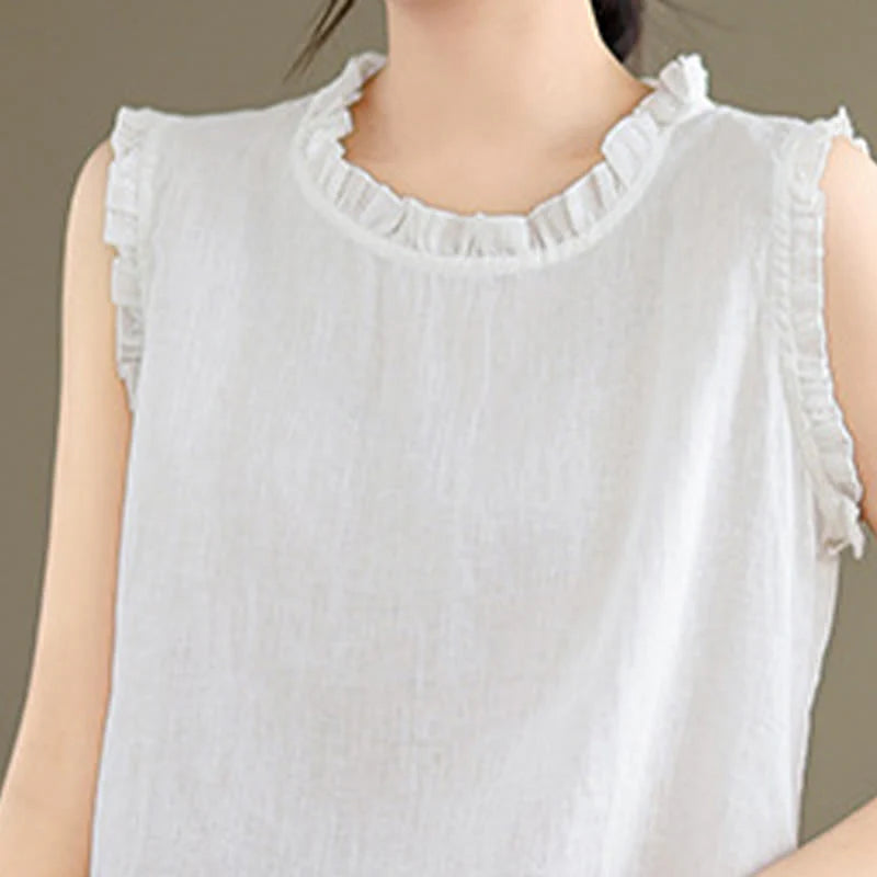 Buddha Stones Summer Ruffled Design Drawstring Crew Neck Cotton Linen Women's Sleeveless Vest
