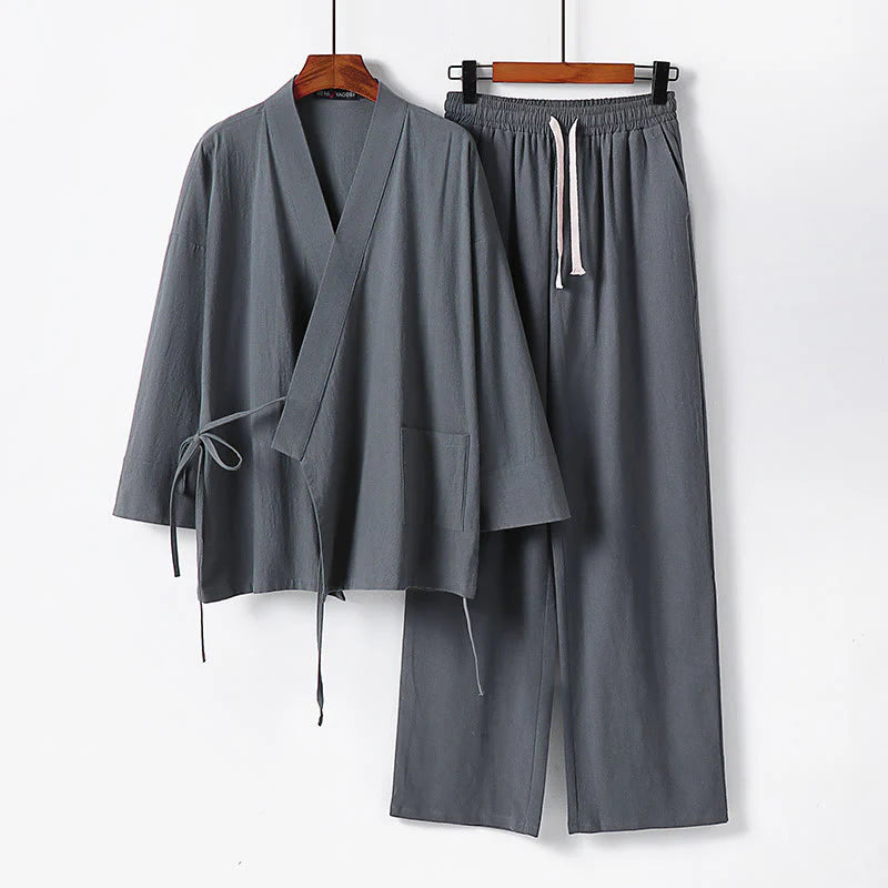 Buddha Stones 2Pcs Lace-up Cotton Kimono Pants With Pockets Men's Meditation Cloth Set