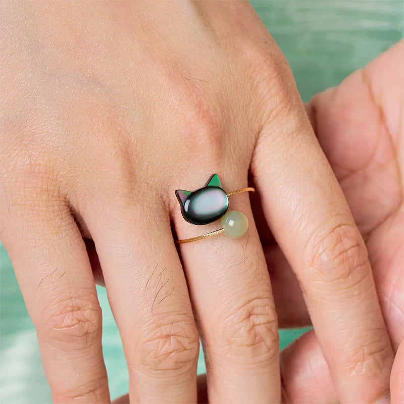 Buddha Stones Black Tridacna Stone Cat Jade Blessing Adjustable Ring