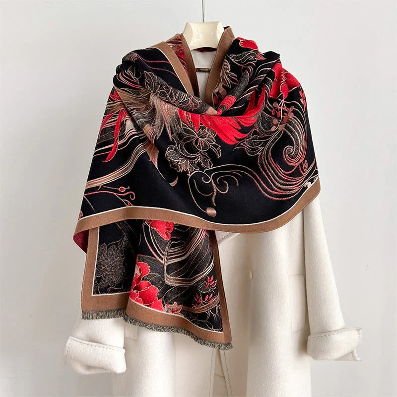 Buddha Stones Winter Thermal Phoenix Flowers Pattern Tassels Soft Scarf Shawl