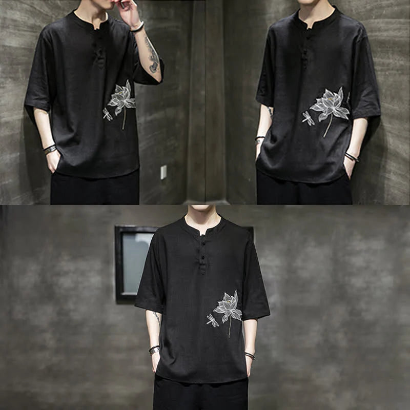 Buddha Stones Summer Embroidered Lotus Dragonfly Pattern Chinese Frog-Button Men's Short Sleeve T-shirt