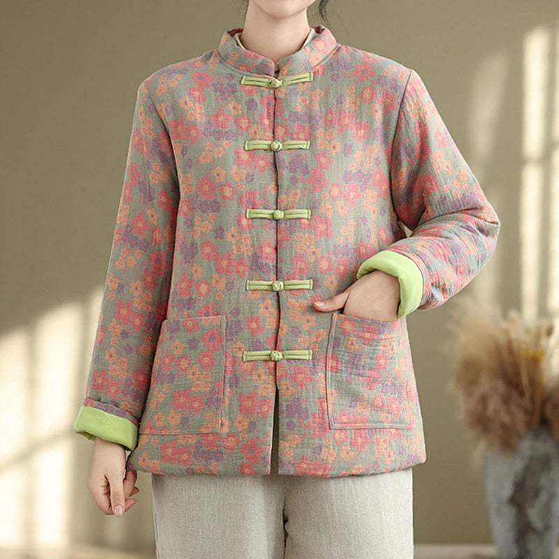 Buddha Stones Women's Winter Thicken Cotton Floral Pattern Long Sleeve Jacket With Pockets
