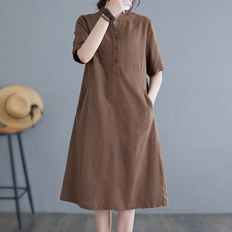 Buddha Stones Casual Daily Pure Color Button Design Short Sleeve Cotton Linen Midi Dress With Pockets