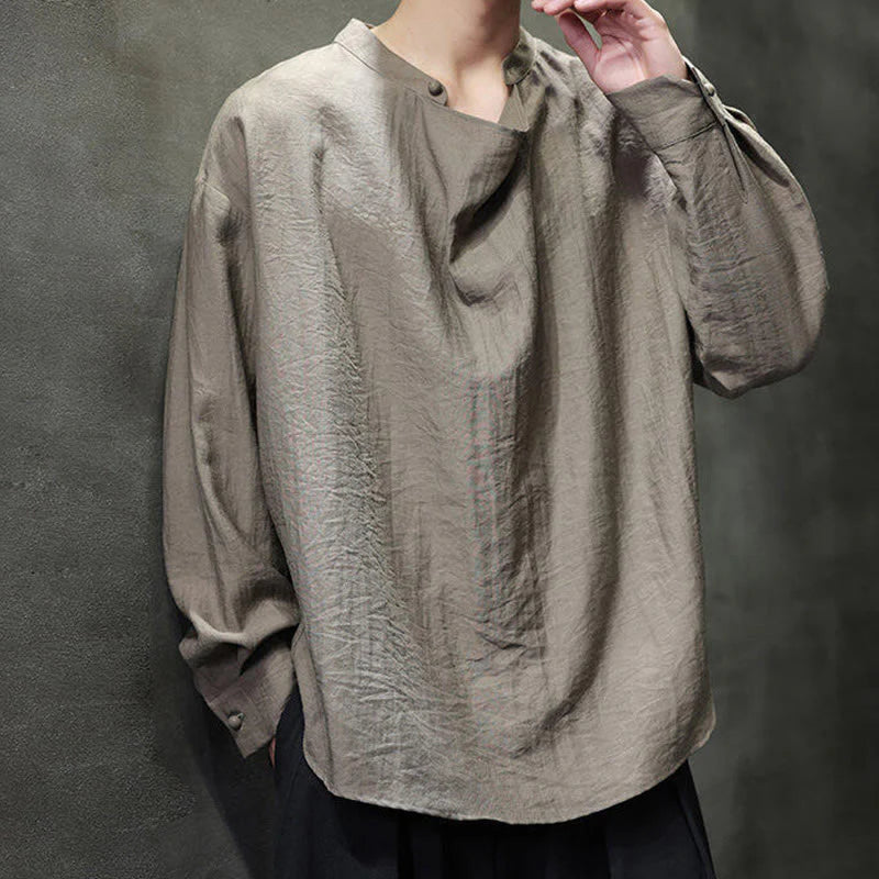 Buddha Stones Spring Solid Color Pleated Stand Collar Design Tang Suit Men's Long Sleeve Linen Shirt