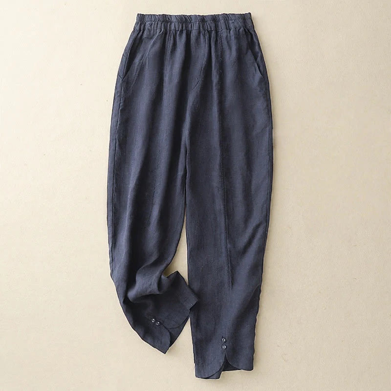 Buddha Stones Summer Solid Color Side Button Design Cotton Linen Women's Harem Pants With Pockets