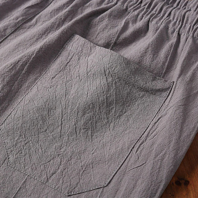 Buddha Stones 2Pcs Plain Notched Collar Short Sleeve T-Shirt Shorts With Pockets Cotton Linen Men's Meditation Cloth Set