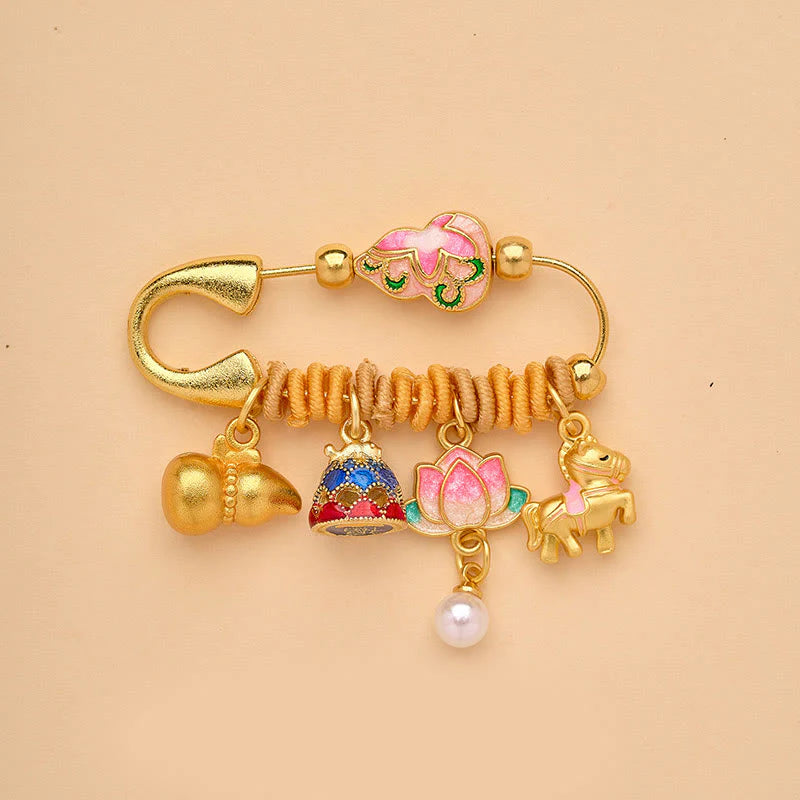 Buddha Stones Year Of The Horse Fu Character Lotus Attract Fortune Ruyi Handle Peace Buckle Luck Brooch