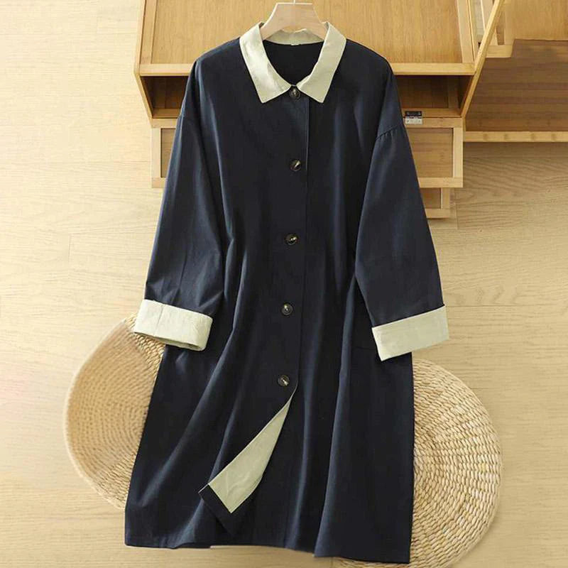 Buddha Stones Fall Lapel Buttons Patchwork Design Women's Cotton Long Sleeve Coat With Pockets