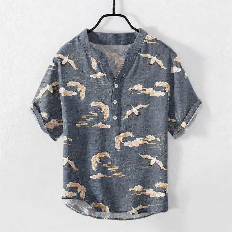 Buddha Stones Flying Birds Cloud Men's Short Sleeve Half Button Shirt