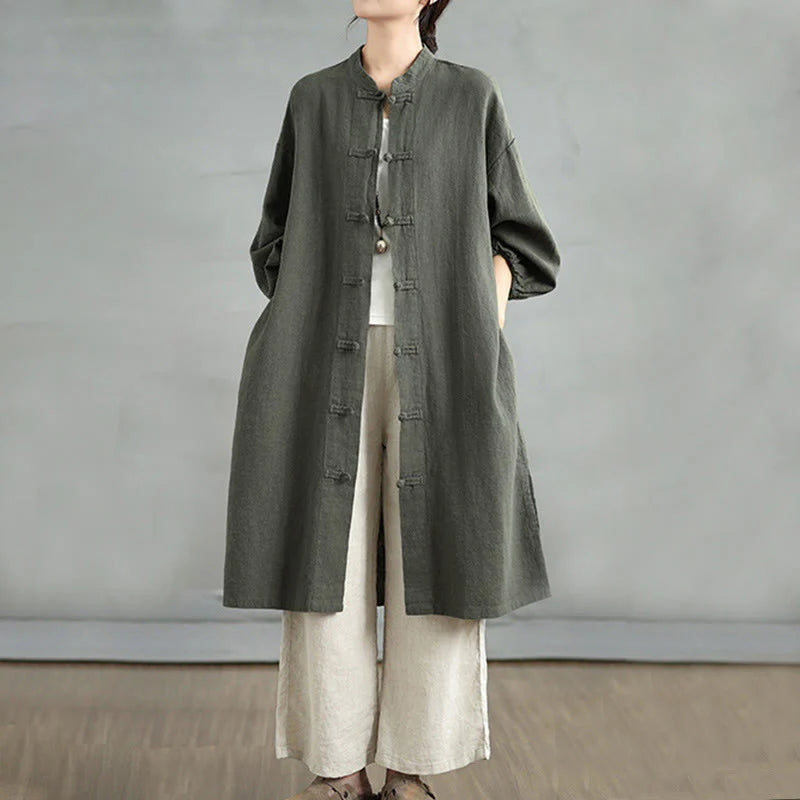 Buddha Stones Casual Frog-button Women's Cotton Linen Coat With Pockets