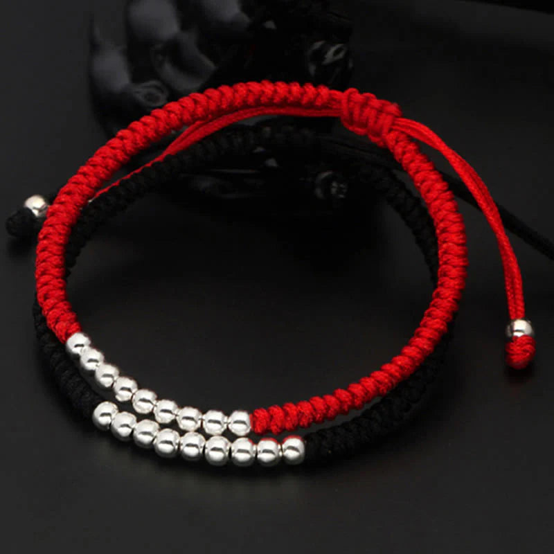 Buddha Stones Retro 925 Sterling Silver Simple Beads Knot Design Luck String Bracelet