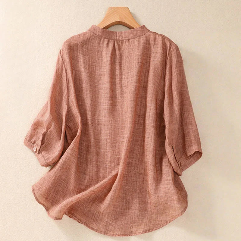 Buddha Stones Casual Daily Plain Button Ruffled Design Stand Collar Women's Cotton Linen Three Quarter Sleeve Shirt Cardigan