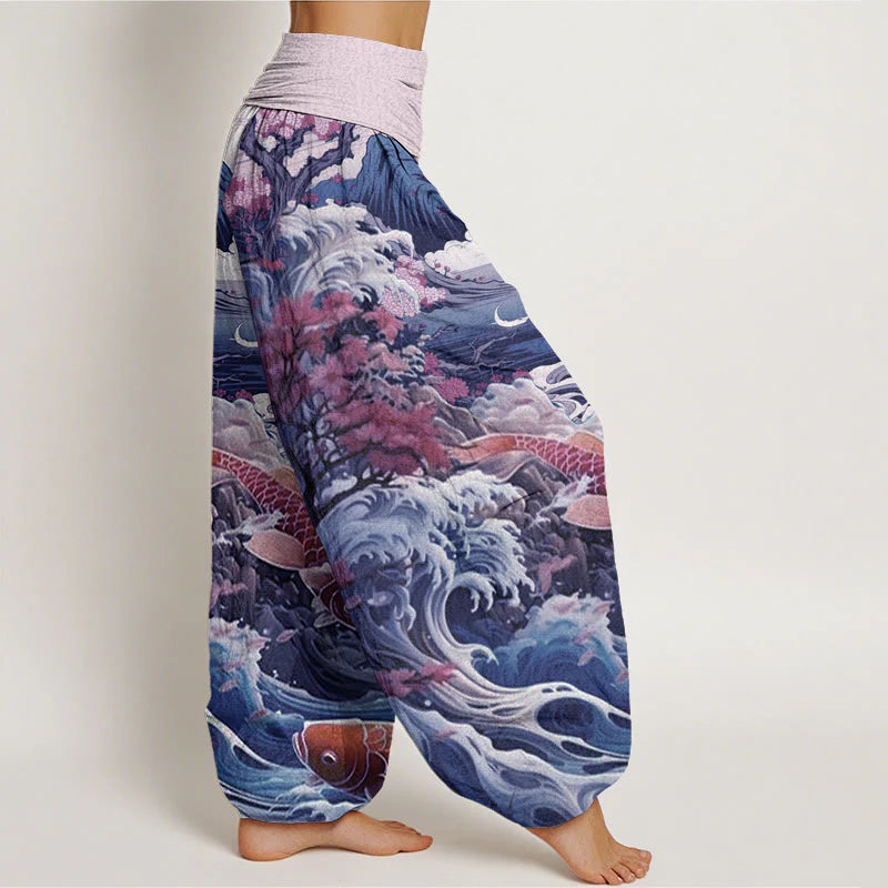 Buddha Stones Cotton Casual Blossoming Tree Koi Fish Wave Mountain Pattern Women's Elastic Waist Harem Pants