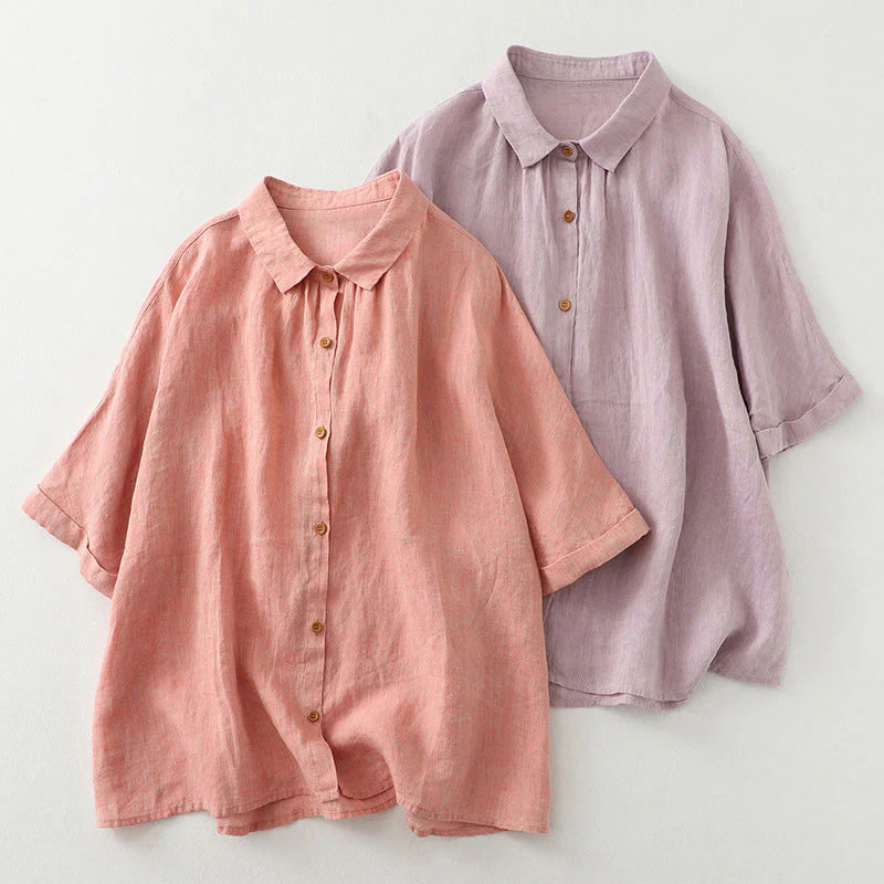 Buddha Stones Casual Plain Buttons Women's Cotton Linen Half Sleeve Shirt