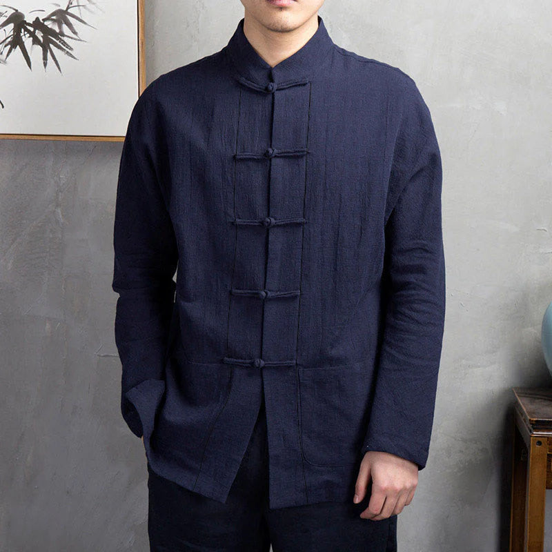 Buddha Stones Solid Color Casual Frog-button Men's Shirt Clothing