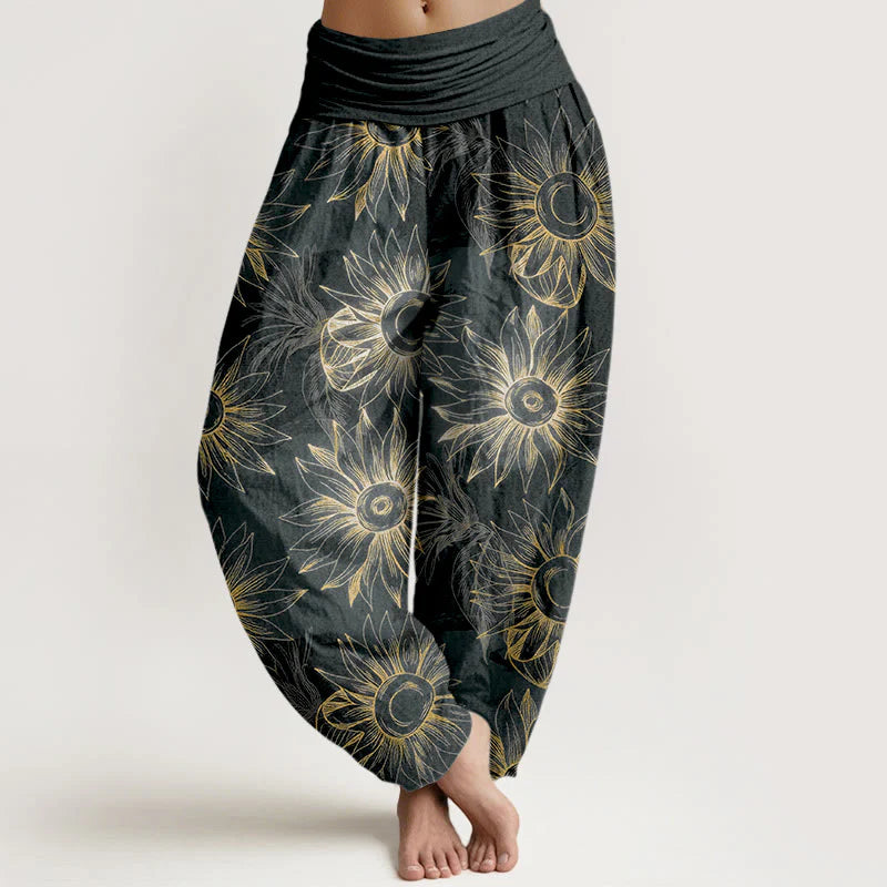 Buddha Stones Cotton Retro Print Flower Pattern Women's Elastic Waist Harem Pants