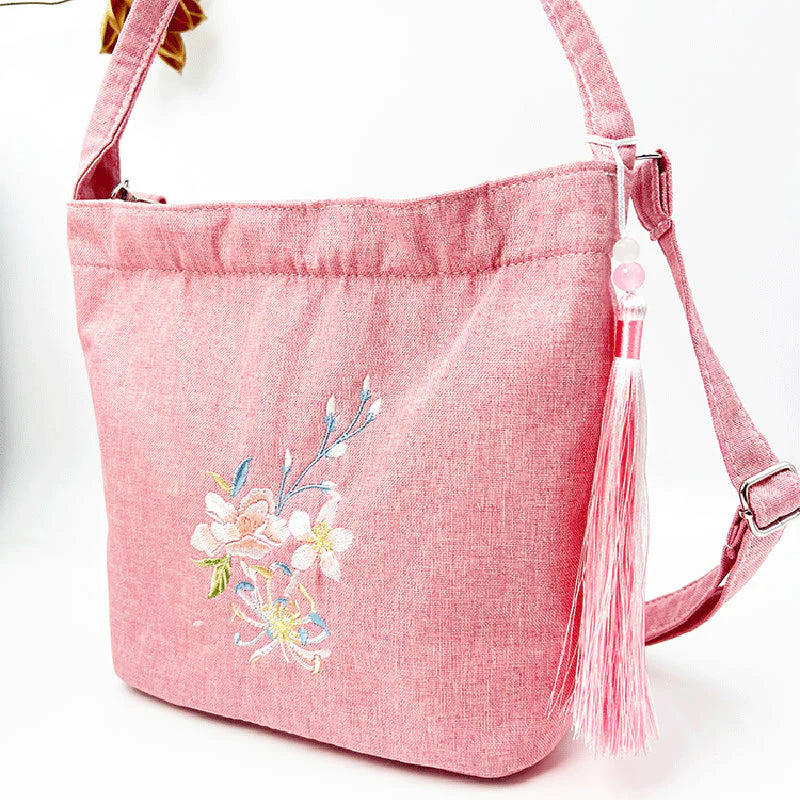 Buddha Stones Embroidery Wisteria Plum Lotus Cherry Blossom Cotton Linen Canvas Tote Crossbody Bag Shoulder Bag Handbag